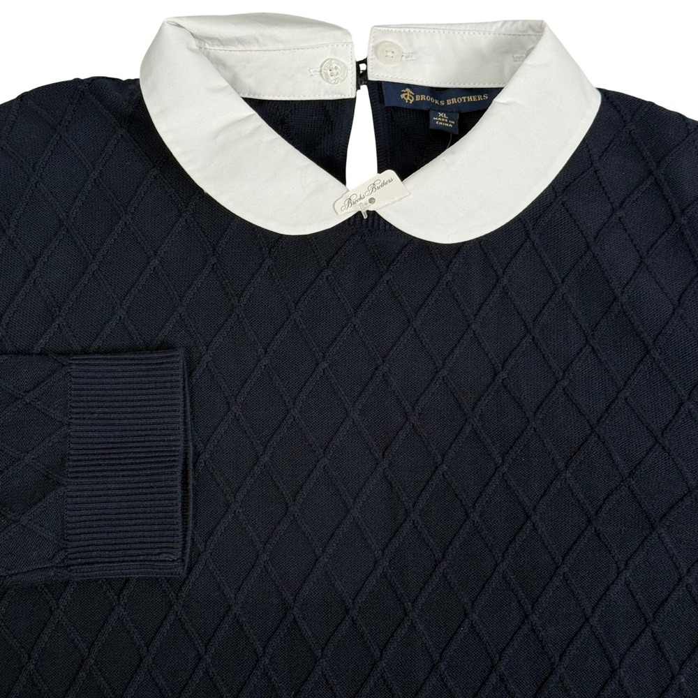 Brooks Brothers Navy Diamond Knit Sweater White Peter Pan Collar Womens XL NWOT